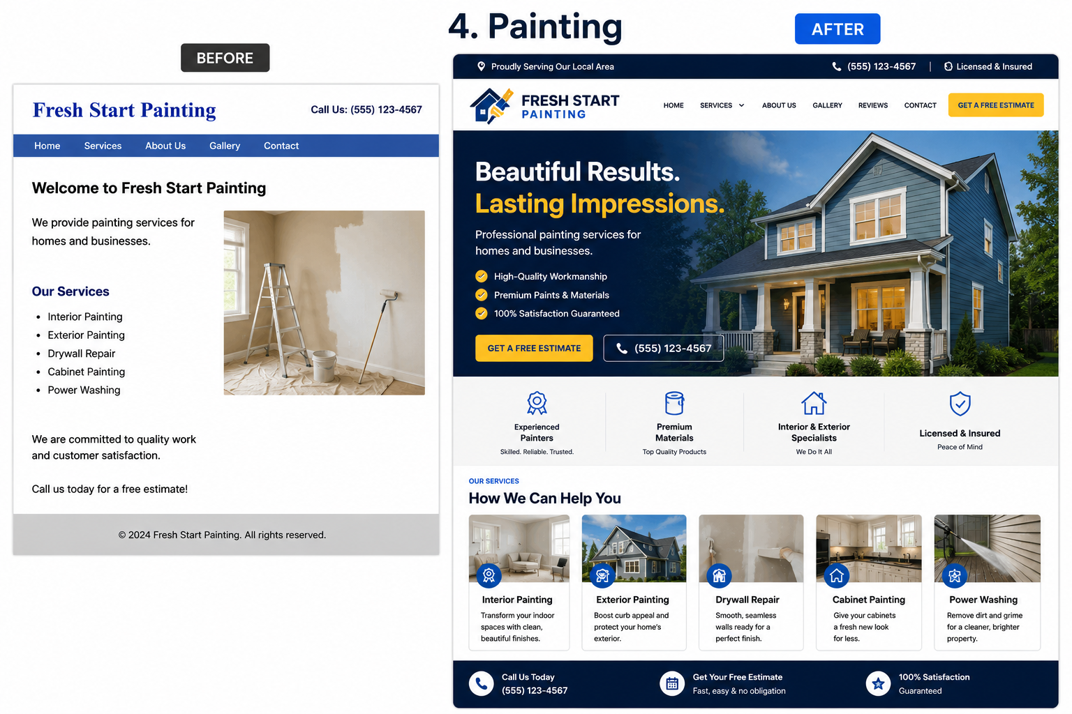 Before view of a painting website design and After view of a redesigned painting website