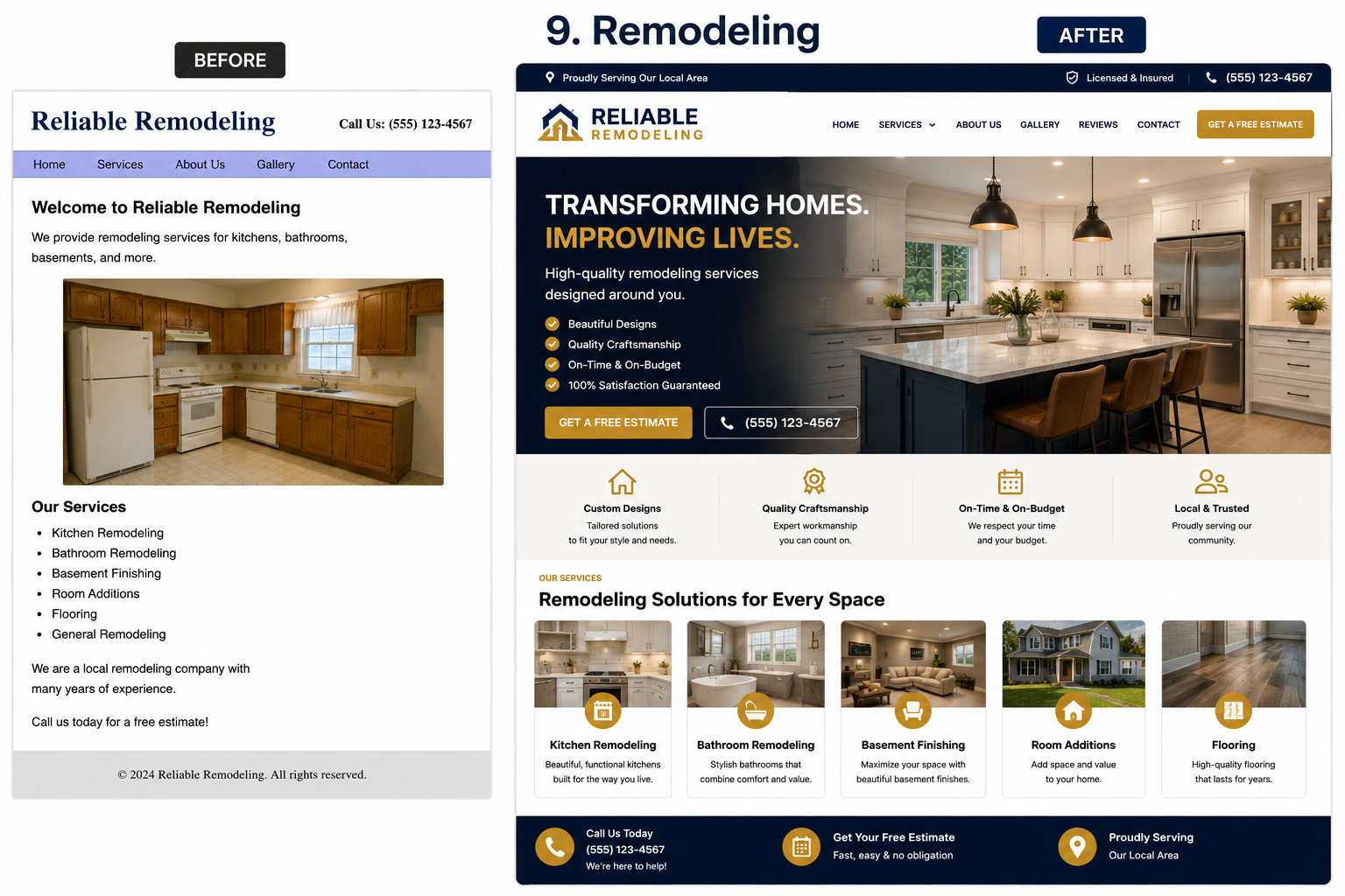 Before view of a remodeling website design and After view of a redesigned remodeling website