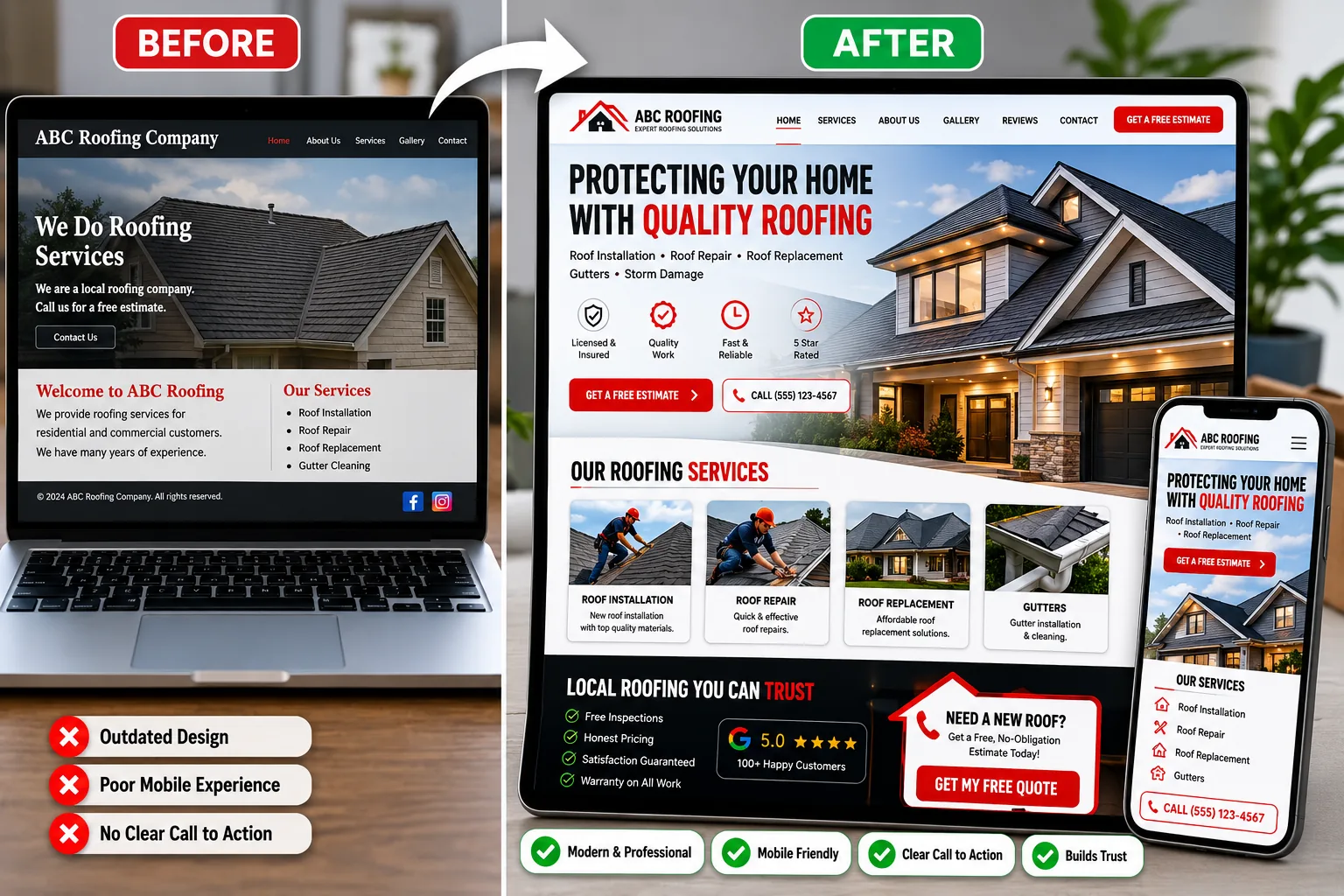Before and after redesign of a roofing contractor website