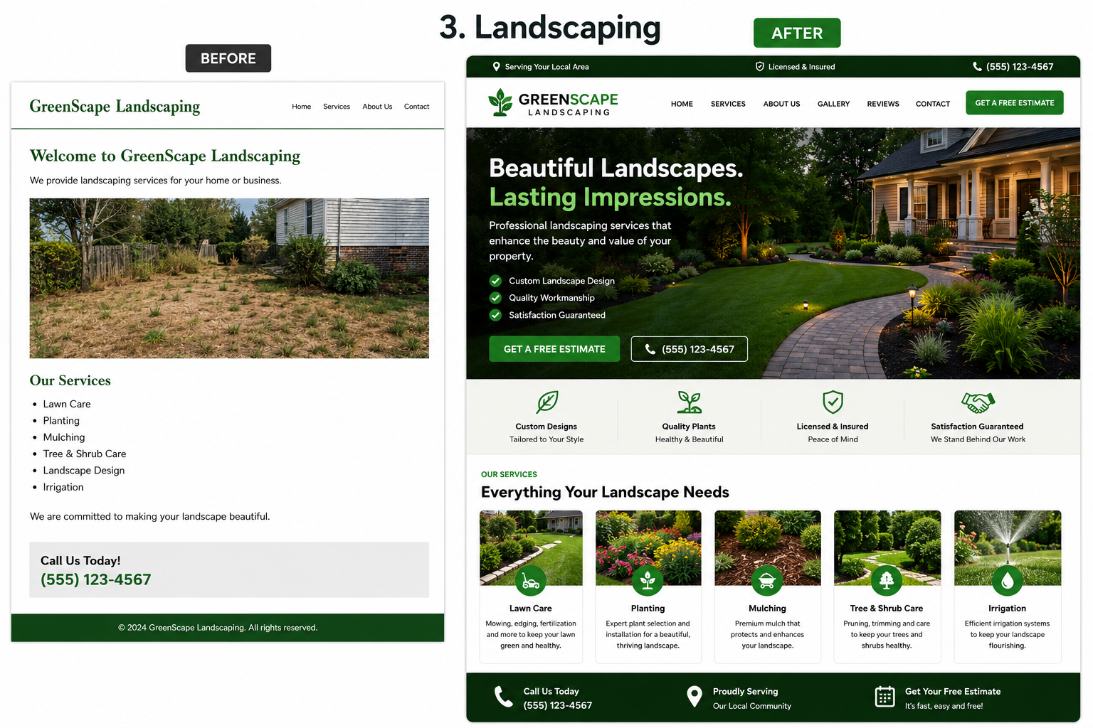 Before view of a landscaping website design and After view of a redesigned landscaping website