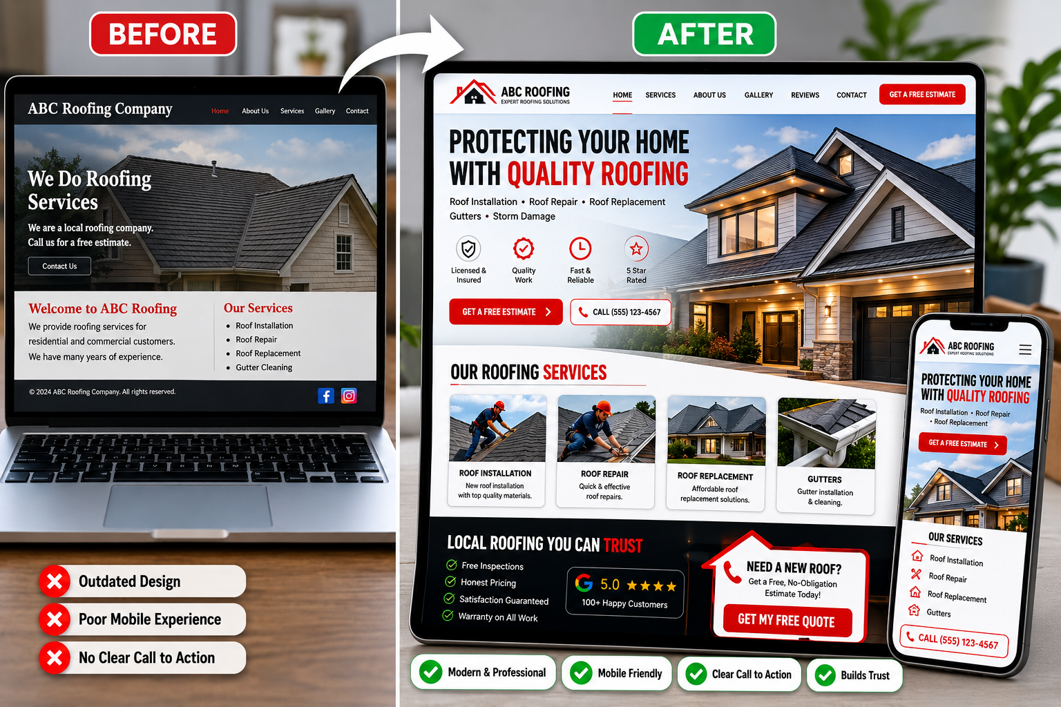 Before view of a roofing website design and After view of a redesigned roofing website