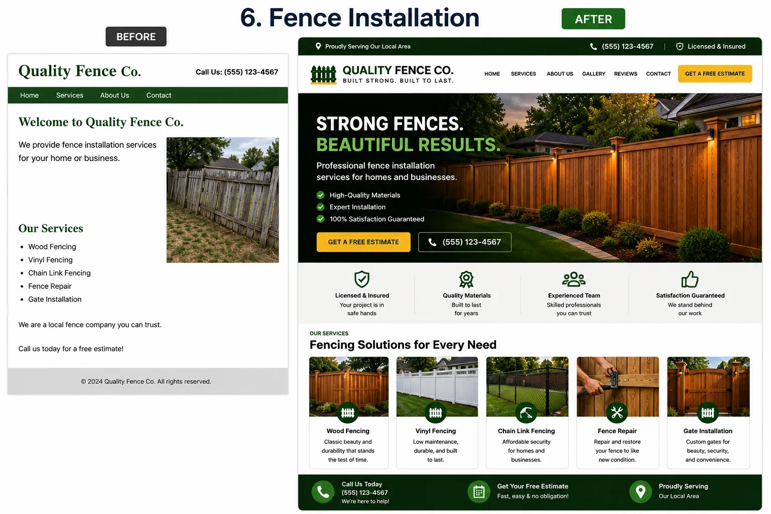 Before view of a fence installation website design and After view of a redesigned fence installation website