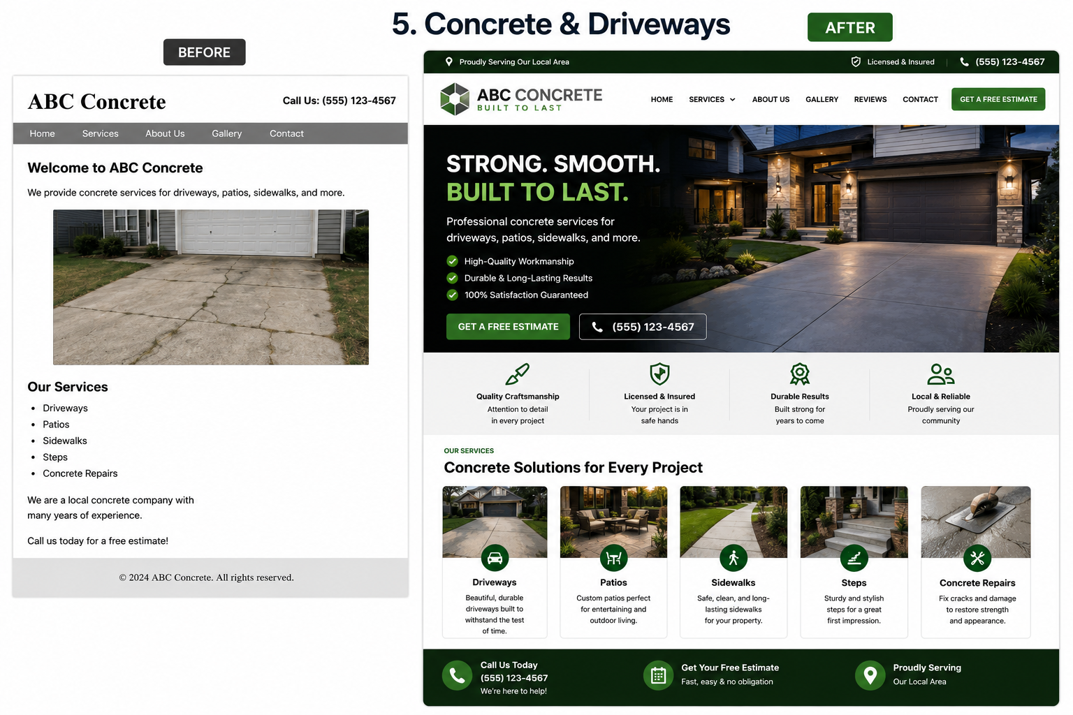 Before view of a concrete and driveways website design and After view of a redesigned concrete and driveways website