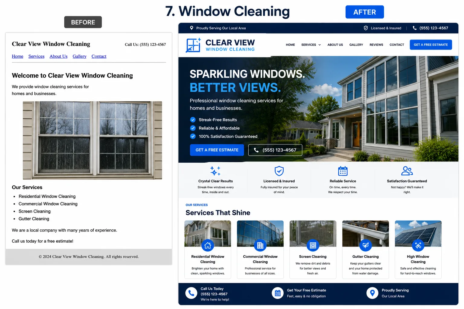 Before view of a window cleaning website design and After view of a redesigned window cleaning website