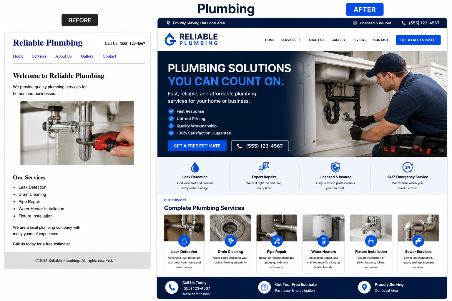 Before view of a plumbing website design and After view of a redesigned plumbing website