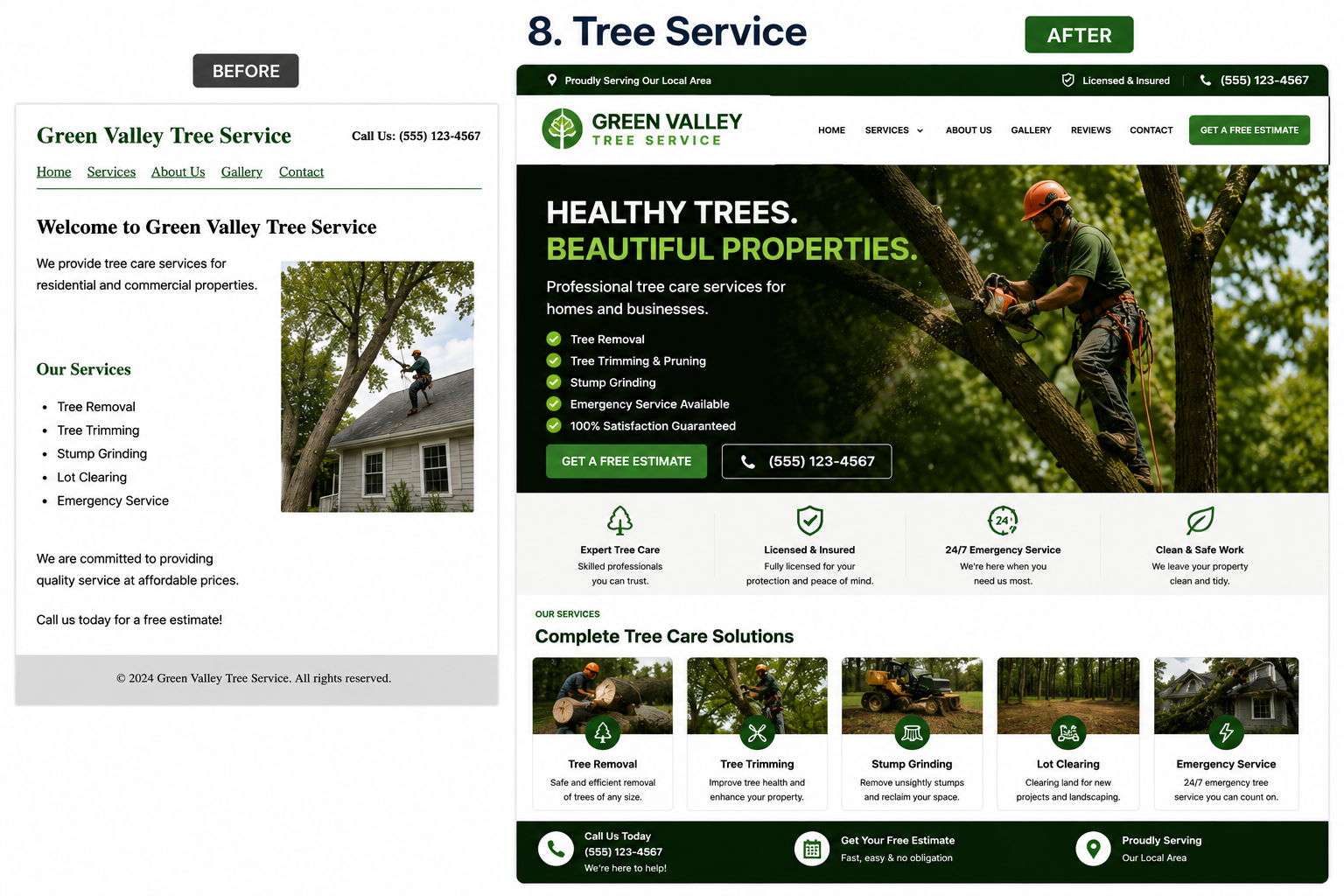 Before view of a tree service website design and After view of a redesigned tree service website