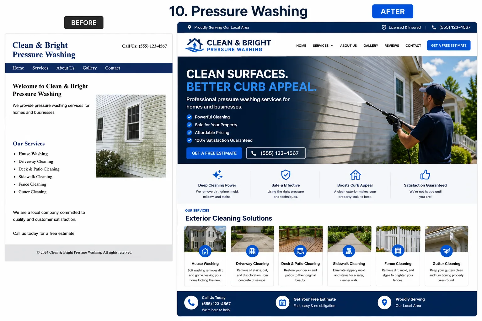 Before view of a pressure washing website design and After view of a redesigned pressure washing website